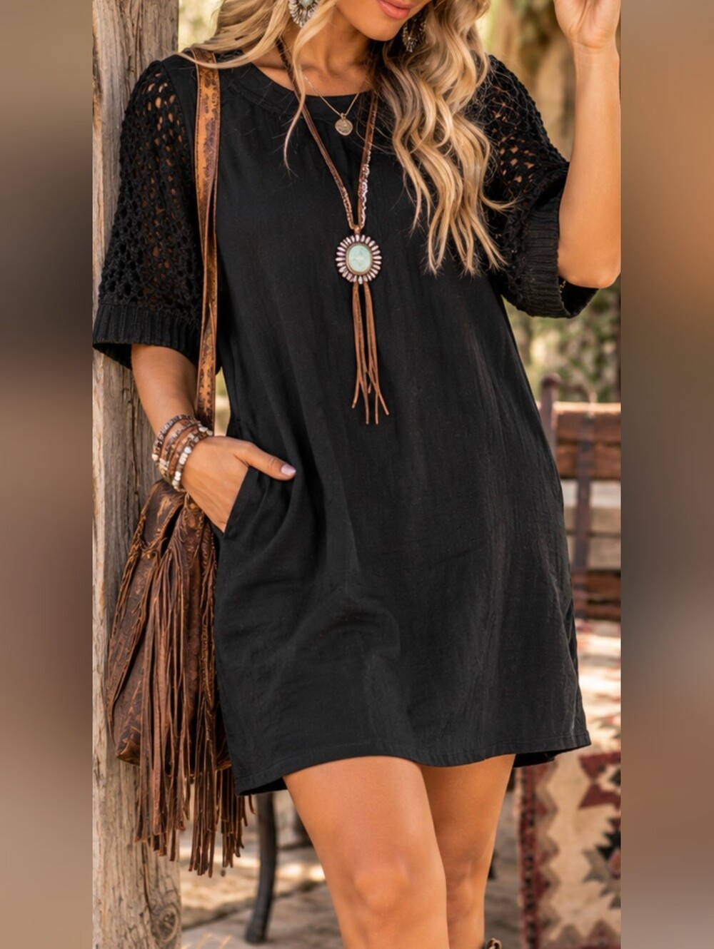 Umgee Crochet Sleeve Top Mini Dress Black Small Boho Minimalist Casual Cotton